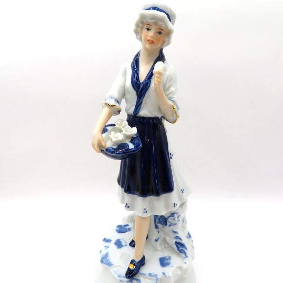 Vintage Porcelain Flower Girl Statuette Blue and White Figurine Cottage Core - Picture 1 of 11